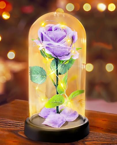 Regalo Mamma, Regalo di la Festa Della Mamma per Mamma Nonna, Fiore Rosa Regalo per Lei - 1 Rosa di Seta Viola con Luce a LED in una Cupola di Vetro per Compleanno, Anniversario, Fiore Rosa Regalo