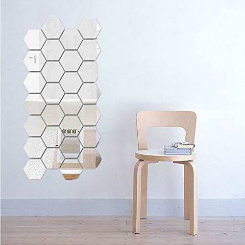 NerYuo 12 Stücke 3D Spiegel Hexagon Vinyl Abnehmbare Wandaufkleber Aufkleber Home Decor Art DIY Fliesenaufkleber für Badezimmer,Treppenaufkleber Fliesenfolie (Silver, One Size)