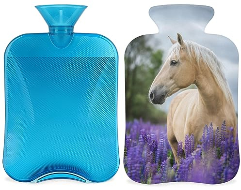 Lavender Flower Horse Hot Water Bottle with Fluffy Cover 2L Large Capacity Horse Bottle Water Bag for Cosy Nights Relief Pain Back Neck and Shoulders