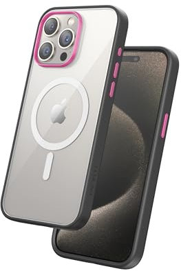 FLOLAB Surtect Tri-Fusion Magnetische Schutzhülle für iPhone 15 Pro Max, schlankes Design, Magsafe-kompatibel, militärischer Rahmen, transparent, Hot Pink