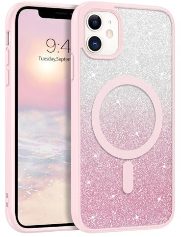 DUEDUE Cover Magnetica per iPhone 11 6.1[Compatibile con MagSafe], Custodia per iPhone 11 Case Glitter Sottile Lucida TPU Silicone Anti-Scivolo, Ricarica Magnetica Wirelesse, Gradiente Rosa