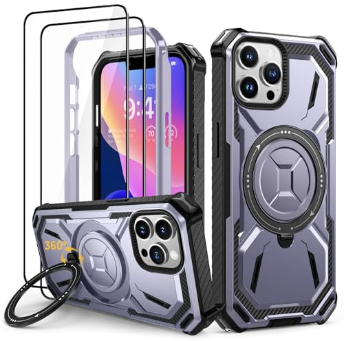 Lanhiem für iPhone 14 Pro Max Hülle, 360° Ring Ständer, Stoßfest, Lila | mit 2 Stück Schutzfolie, Robust Bumper Schutzhülle, Militärischer Armor Kratzfest Handyhülle für iPhone 14 Pro Max Case