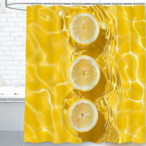 cromcu Zitronen-Duschvorhang-Set, Badezimmer-Dekoration, wasserdicht, Polyester, Zitronen-Duschvorhang mit 12 Haken, 182,9 x 182,9 cm, maschinenwaschbar, für Erwachsene und Kinder