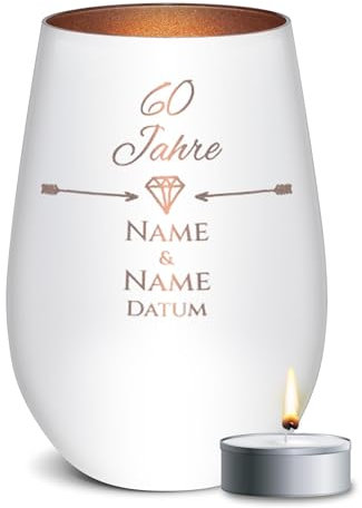 PR Print Royal Weißes Windlicht mit Gravur zur Diamantenen Hochzeit - 60 Jahre - mit Namen & Datum - Hochzeit Geschenke Diamantene Hochzeit | inkl. Teelicht, 450 ml, Innen Bronze