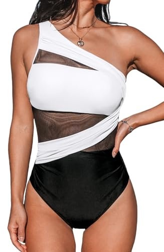CUPSHE Damen Badeanzug One Shoulder Sheer Netzstoff Geraffte Bauchkontrolle Farbblock Asymmetrische Einteilige Bademode Swimsuit Schwarz/Weiß L