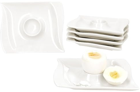 MamboCat 6er Set Ivory Flache Eierbecher mit Ablage I 6 Personen I elfenbeinweiße rechteckige Porzellan-Eierbecher für das Frühstücksei für Brunch & Buffet