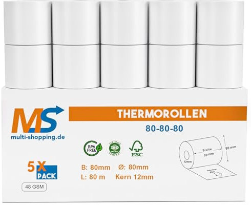 Kassenrollen/Thermorollen/Bonrollen 80mm x 80m x 12mm Bpa frei 48gsm/ für alle gängigen Thermo Kassen-Bondrucker B: 80mm x L: 80m Ø80mm (5)
