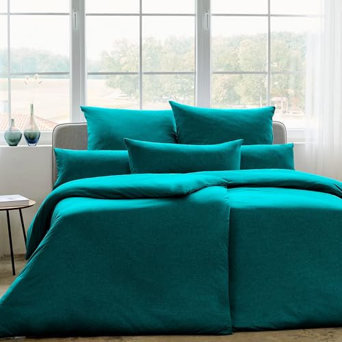 ESTELLA Mako Interlock Jersey Uni Bettwäsche | 100% Baumwolle | trocknerfest und bügelfrei | 135x200 cm + 80x80 cm | Farbe: Petrol