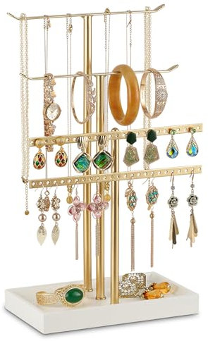 QILICZ Présentoir à bijoux doré - 4 porte-boucles d'oreilles en forme de T - Présentoir à bijoux - Organisateur de bijoux pour colliers, bracelets, parfums et boucles d'oreilles, décoration