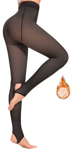 Jiuday Collant Polaire Femme Effet Transparent Collants Thermiques Chaud Hiver Collant Opaque Grande Taille Élasticité Taille Haute (220g Fleece Faux Transparent Noir-Étrier,XL)