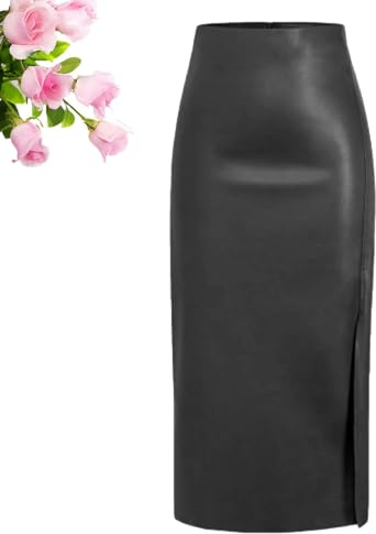 HESYSUAN Gonne lunghe in pelle da donna, gonna lunga invernale in pelle nera a vita alta con fessura in ecopelle gonna a matita a linea