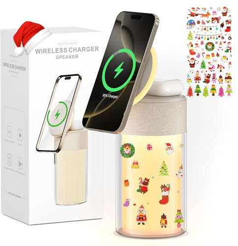 COLSUR 3 in 1 Cassa Bluetooth Potente, Caricatore Wireless per iPhone AirPods, Altoparlante Bluetooth con Luce Notturna, idee Regali Regalo uomo donna, Addobbi Natalizi per la casa - Oro