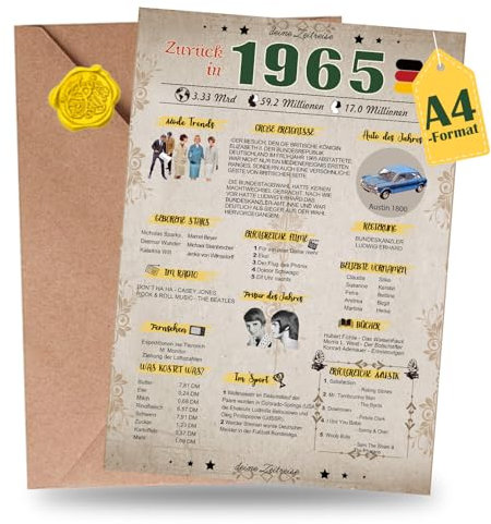 Sugeru Besondere Geburtstagskarte 60 mit Umschlag | 1965 Jahrgang Geschenk | 60 geburtstag frau mann | Sechzigsten Geburtstagsdeko lustig,Tolle Geschenkidee,Chronik,Karte,Jubiläum- DIN A4 (60 Jahre)
