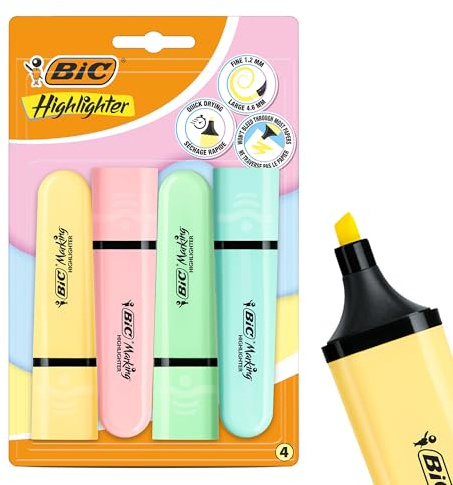 BIC Marking Textmarker Flach Textmarker Marker 4 Stück Kunststoff Textmarker Stift mit sortierter Pastelltinte Textmarker Stifte für glatte Notizen Präzise Highlights Ideal für Schule und Büro