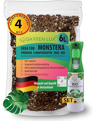 Garten Lux Monstera Erde 6 L torffrei-6‑in‑1gegen Trauermücken | Aroid‑Substrat und Bio Vital Spray für Monstera Blätter 300ml-ein komplettes Set für Wachstum und Gesundheit Ihrer Monstera-Pflanzen