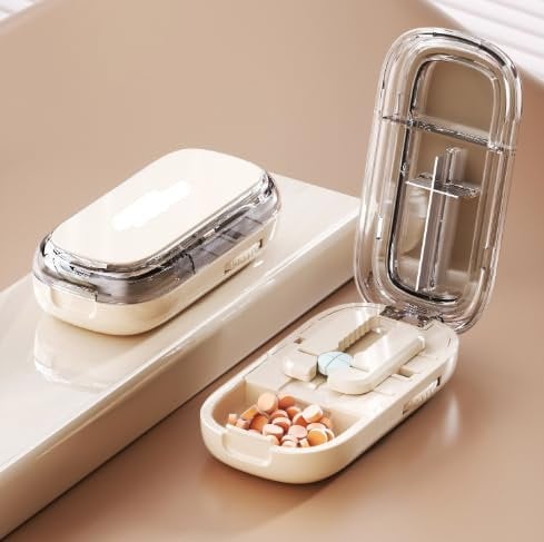 WAVATA Tablettenteiler, Tablettenschneider, Pillenteiler mit Aufbewahrungsfach, Tablettenteiler für Alle Tabletten Kostenlos, Pillenschneider Große und Kleine Tabletten für Reise, Haustier (Weiß)