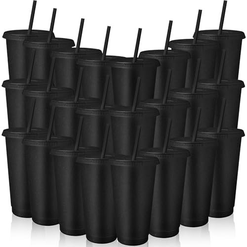 24 Pcs Reusable Cups with Lids and Straws 24 oz Glitter Iced Coffee Tumbler Plastic Travel Mug Cup for Smoothie Juices Birthday Sleepover Party Supplies (Black)