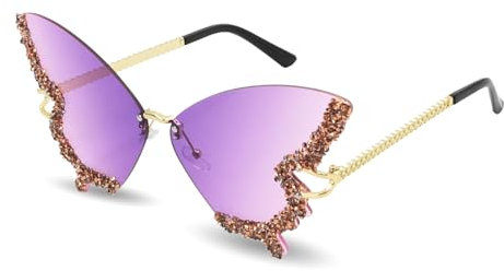 Zequech diamantbesetzte Sonnenbrille mit schmetterlingsförmigem Rahmen, verlaufender lila Farbe, 70 mm breite Linsen. Cooles Accessoire für Sommer Beach - Partys, Disco, Musikfestivals