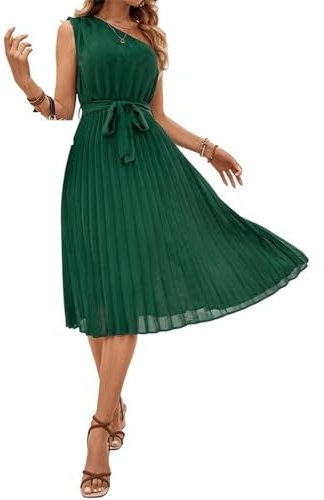 Frauen grün Ärmellos Eine Seite exponierte Schulter Plisseeröcke Solid Strand Lange Kleider mit Gürtel (grün,XL)