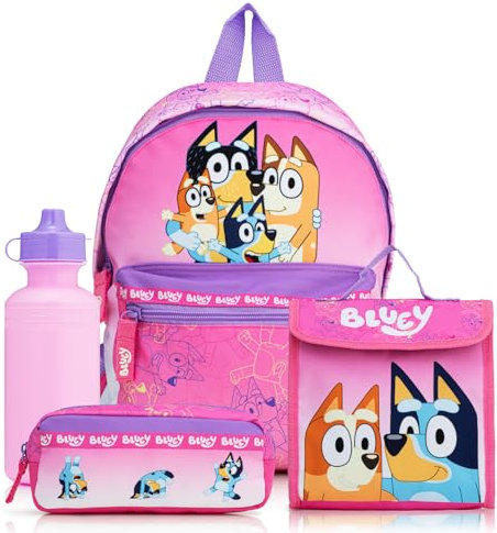 Bluey Backpack 4 Piece School Set for Girls with Lunch Bag, Water Bottle & Pencil Case | Kids Backpack with Kangaroo Front Pocket & Mesh Side | Back to School Supplies | for Ages 2 to 7 Years