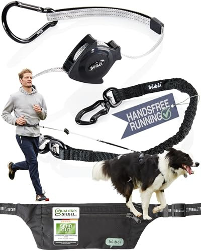 NEUHEIT 100% Handsfree Jogging Hundeleine – mit Bauchgurt & Tasche, elastisch & stoßdämpfend, reflektierend, patentierter Einziehmechanismus, für mittelgroße & große Hunde (Größe L)