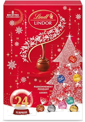 Lindt - Calendrier de l'Avent LINDOR - Assortiment de Chocolats au Lait,Noir 45%, Noir 60%, Noir 70%, Blanc, Coco, Noisettes - Idéal pour Noël, 312g