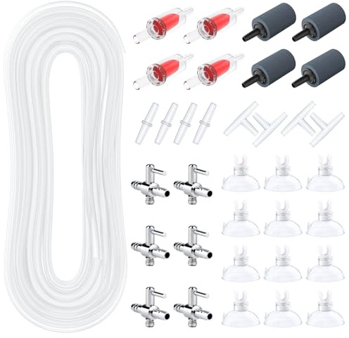 Pawfly Aquarium Tubing, 50 Feet Fish Tank Airline Tubing, Aquarium Air Pump Accessories Kit with Air Stones, Check Valves, Suction Cups, Air Control Valves and Connectors