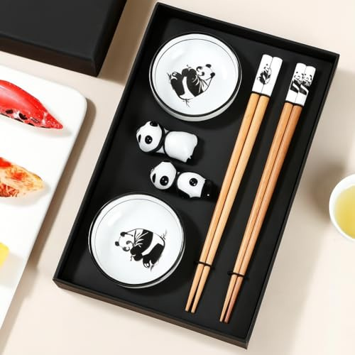 2 Pairs Chopstick Set with Panda Design Ceramic Dishes, Premium Chopsticks with Holders, Black and White