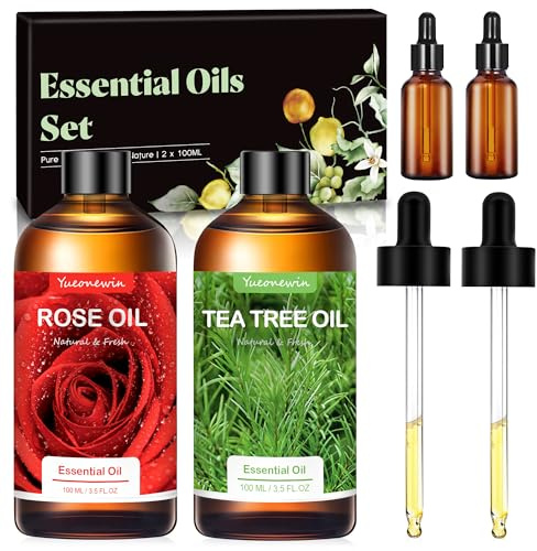 Oli essenziali per diffusori, set di oli essenziali con olio di rosa 100 ml e olio di melaleuca 100 ml, oli profumati, set regalo per fai da te, candele profumate, spa, regali per donne