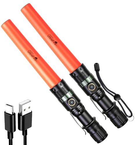 UltraFire Linterna LED recargable de 500 lúmenes, con barra de señal, 3 modos, USB-C, control de tráfico, aeropuerto, camping, emergencia, UF-303X (2 unidades)