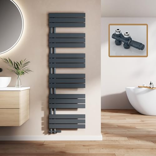 EMKE Badheizkörper mit Multiblock 1599x500 mm, Flach Handtuchheizkörper mit Seitenanschluss, Effizienter Handtuchwärmer Handtuchtrockner Heizkörper für Bad, Anthrazit, 832W