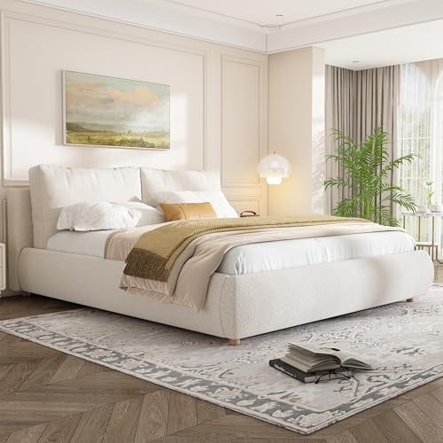 4ft6 Double Ottoman Bed Frame with Hydraulic Storage, Functional Upholstered Ottoman Bed Cloud Bed with Headboard&Slats, Boucle Fabric Hydraulic Storage Beds with 2 Cushions, No Mattress, Warm White