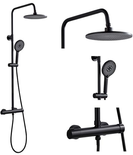 Duschsystem mit Armatur Schwarz Runden Duschset ohne Thermostat aus Messing | Duscharmatur Komplettset Höhenverstellbar 80-117cm, Duschamaturenset mit 23 cm Regendusche, 3 Strahlarten Handbrause, 150mm