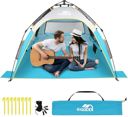 riggoo Automatik Strandmuschel mit UV Schutz 50+, 210x150 x130cm Strandzelt für 4 Personen schnell in Sekunden aufgebautes, kleinem Packmaß, wasserdicht Windschutz Sonnenschutz vor allem für Kinder