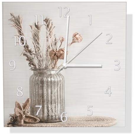 Wallario Design Wanduhr Trockenblumen im Glas aus Aluverbund, Alu-Uhr Größe 30 x 30 cm, weiße Zeiger mit Metalloptik