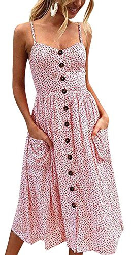 Walant Femmes Robe d'été mi-Longue à Bretelles Bouton Robe Plage sans Manches Casual Simple,Rose,M