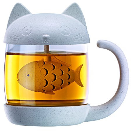 Winkee Katze Teeglas mit Teesieb im Deckel
