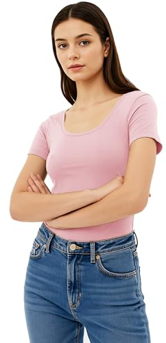 Emmalise Scoop Neck Short Sleeve Tee for Women Basic Tshirt - Junior to Plus Sizes ... - Pink - Small