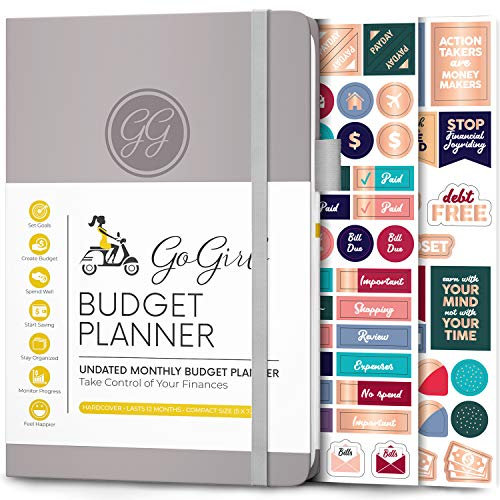 GoGirl Budget Planer - Monatliches Budgetbuch für Finanzplaner. Expense Tracker Notebook Journal zur Kontrolle Ihres Geldes. Undatiert, dauert 1 Jahr, Kompakt (13.5x19cm) - Grau