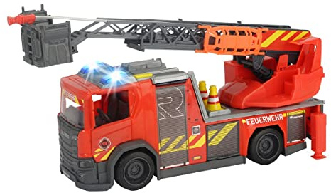 Dickie Toys Scania Drehleiter Feuerwehr, Wasserspritzfunktion, Rosenbauer, Licht & Sound, inkl. Batterien, mit ausziehbarer Drehleiter & Standbeine, 25 cm, rot