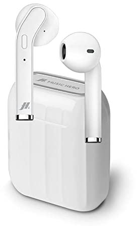 Music Hero Auricolari Twin Style True Wireless Stereo con Microfono e Tasto Risposta/Fine Chiamata, Custodia di Ricarica da 300mAh, fino a 2.5 Ore di Ascolto Musica, Bianco