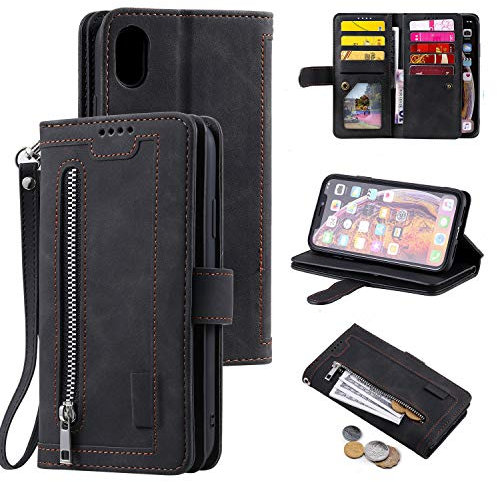 EYZUTAK Wallet Phone Case for iPhone XR, Retro Matte 9 Card Holder Slots Zipper Pocket Case PU Leather Magnetic Closure Kickstand with Wrist Strap Shockproof Folio Flip Case - Black