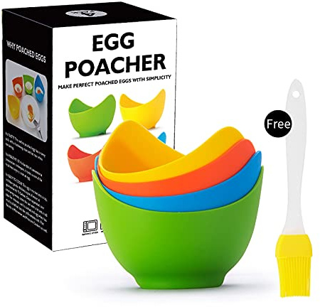 YEEJA Egg Poacher Perfect Poached Egg Maker Poached，Food Grade Non Stick Silicone Egg Poaching Cup for Microwave or Stovetop Egg Poaching, with Extra Silicone Oil Brush，Pack of 4