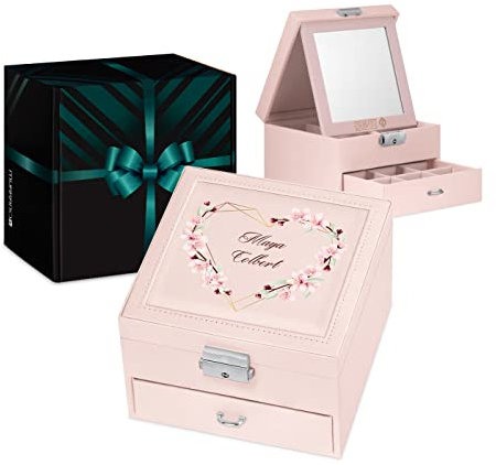 Maverton Boîte à Bijoux en Cuir Rose, Coffret avec Miroir Intérieur à Personnaliser, Présentoir à Bijoux - Cadeau Personnalisé pour Jeunes Filles - Cadeau Fille - Cadeau Femme - cœur