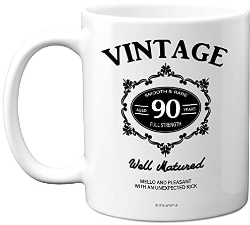 Stuff4 Vintage 90th Birthday Mug with Black Lettering, 11oz Ceramic Dishwasher Safe Premium Mugs, 90th Birthday Gifts for Men, Gifts for a 90 Year Old Man, him