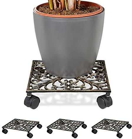 4 x Pflanzenroller Gusseisen, quadratisch, 27,5 x 27,5 cm, Blumentopfuntersetzer, 4 Rollen, stabil, Blumenroller, Bronze