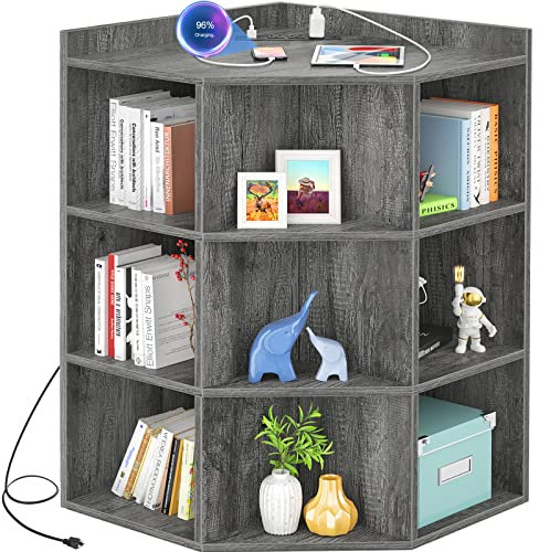 Aheaplus Eckschrank, Eckaufbewahrung mit Steckdose & LED-Lichtern, Holzregal Eckregal, Bücherregal mit 9 Würfeln für Schlafzimmer, Wohnzimmer, Spielzeugaufbewahrung für kleinen Raum, Graue Eiche