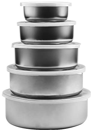 Cuenco INOX, Juego de 5 con Tapas, Set Cuenco Mezclador/Ensaladera en INOX, Cuenco de sopa, Ensaladera, Cuenco de cereales, Cuenco de postre, Snack Bowl, Cuenco de helado, Tazones de mezcla