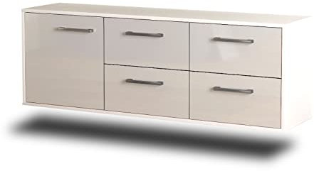 Lqliving TV-Board Lowboard Denver, Wandmontiert, Korpus in Weiss matt, Front im Hochglanz-Design Weiß (136x47x35cm), mit Metall Griffen, Made in Germany