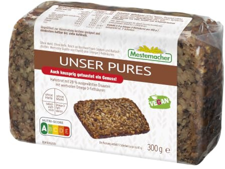 Mestemacher Unser Pures Haferbrot ohne Mehl und ohne Hefe, Nutri Score A, Ballaststoffreich, mit wertvollen Omega 3 Fettsäuren, Vollkornbrot Diabetiker geeignet, 5 Scheiben, 300g